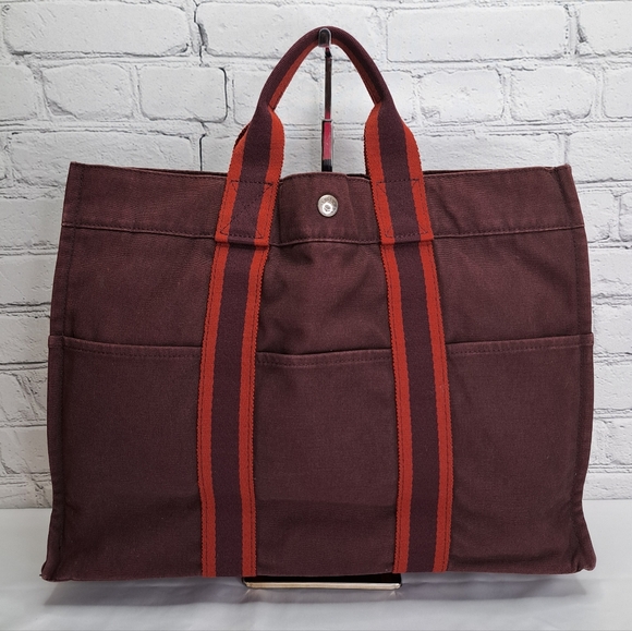 'HERMES-PARIS' 'FOOL TOE BASAS' LARGE PINSTRIPE DOUBLE STRAP CANVAS BAG - Picture 16 of 16